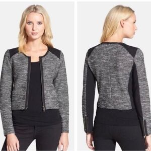 Eileen Fisher Black White Tweed Boucle’ Stretch Zip Front Sweater Jacket Sz 1X